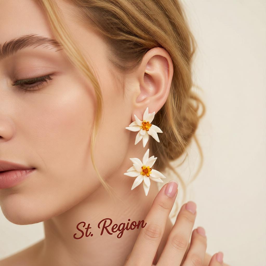 Colored Acrylic and White Resin Goldtone Flower Statement Earrings, cubic zirconia stud earrings for women, styled look