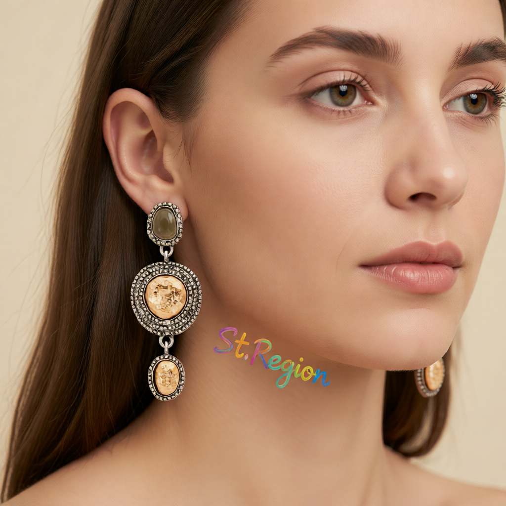 Resin & Two Tone Hammered Round Dangle Earrings