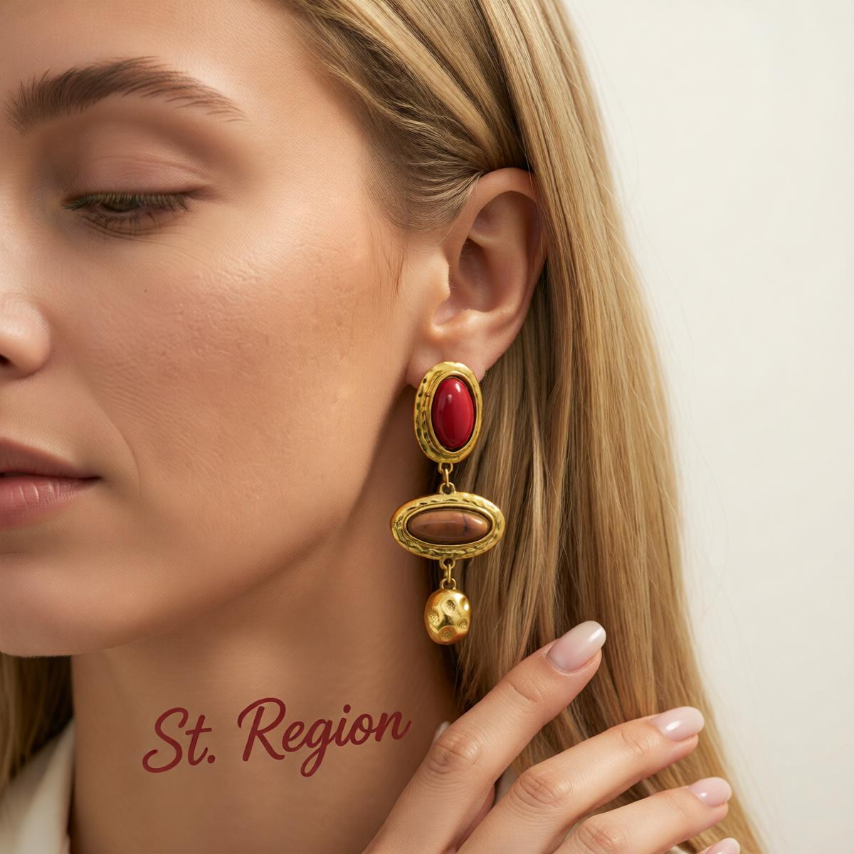 Red and Brown Resin Goldtone Tiered Oval Dangle Earrings, gold drop earrings for women, dainty minimalist design, styled look