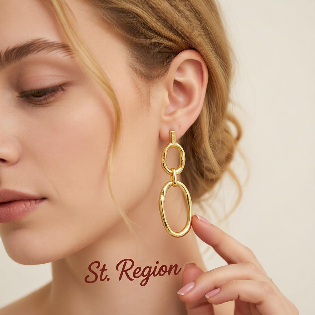Goldtone Tiered Open Oval Dangle Earrings, gold drop earrings for women, vintage-inspired design, styled look