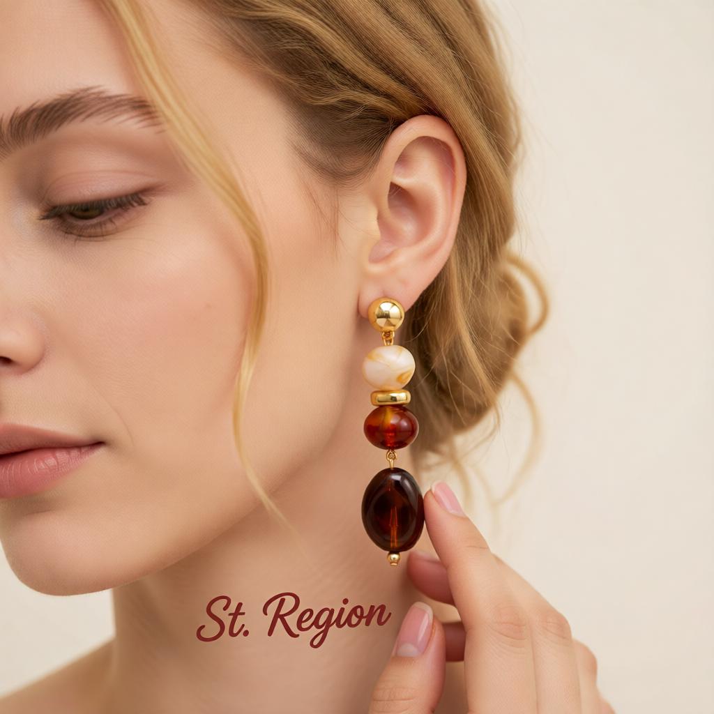 Amber Resin and Goldtone Tiered Irregular Beads Dangle Earrings, gold drop earrings for women, everyday style, styled look