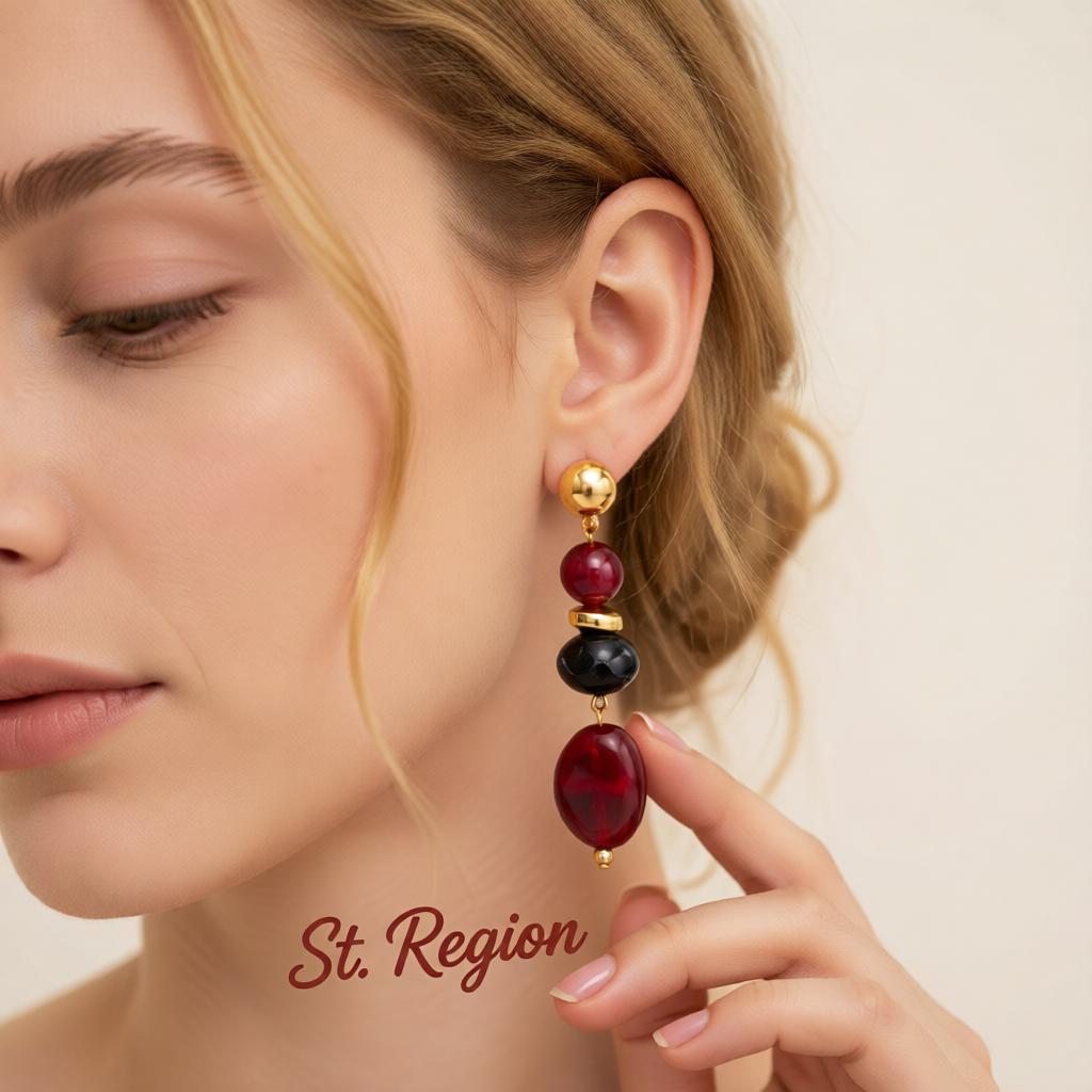 Wine Red Resin and Goldtone Tiered Irregular Beads Dangle Earrings, gold drop earrings for women, everyday style, styled look