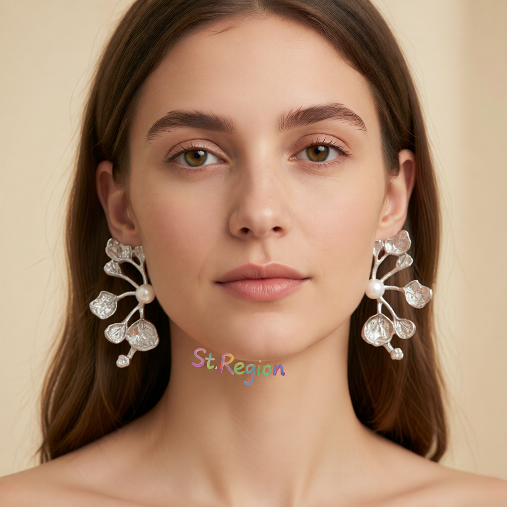 Pearl & Silvertone Plum Blossom Stud Earrings