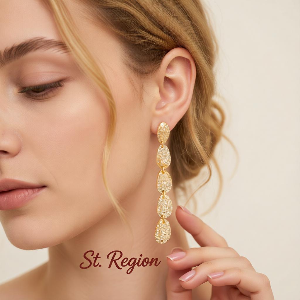 Goldtone Tiered Hammered Charm Dangle Earrings, gold drop earrings for women, botanical inspired, styled look