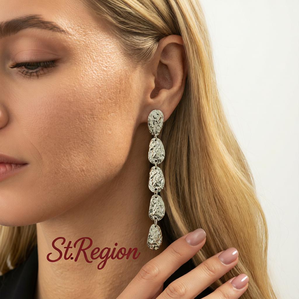 Silvertone Tiered Hammered Charm Dangle Earrings, silver drop earrings for women, elegant gift for her, styled look