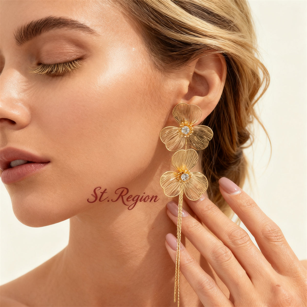 Cubic Zirconia & Goldtone Netted Flower Tassel Dangle Earrings