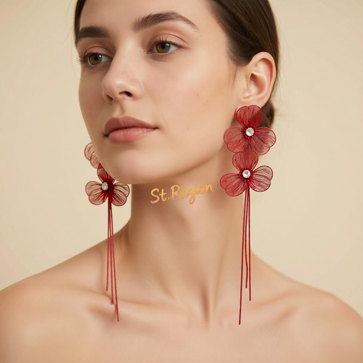Cubic Zirconia and Red Enamel Netted Flower Tassel Dangle Earrings, drop earrings for women, styled look
