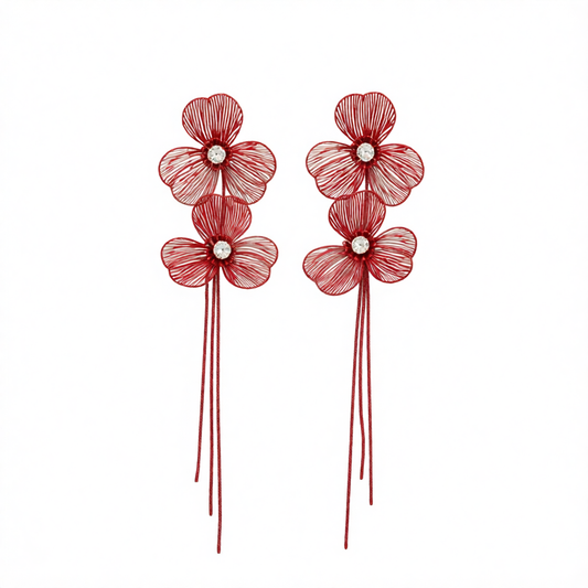 Cubic Zirconia & Red Enamel Netted Flower Tassel Dangle Earrings