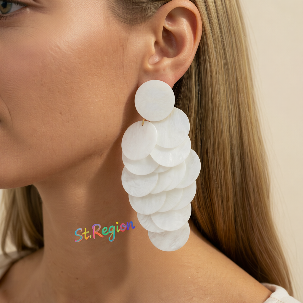 White Acrylic & Goldtone Sequins Tassel Dangle Earrings