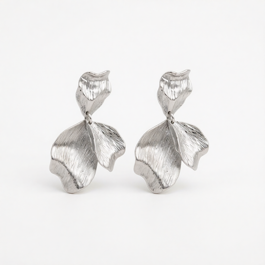 Silvertone Textured Petals Dangle Earrings