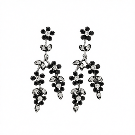 Black Cubic Zirconia & Silvertone Flower Branch Dangle Earrings