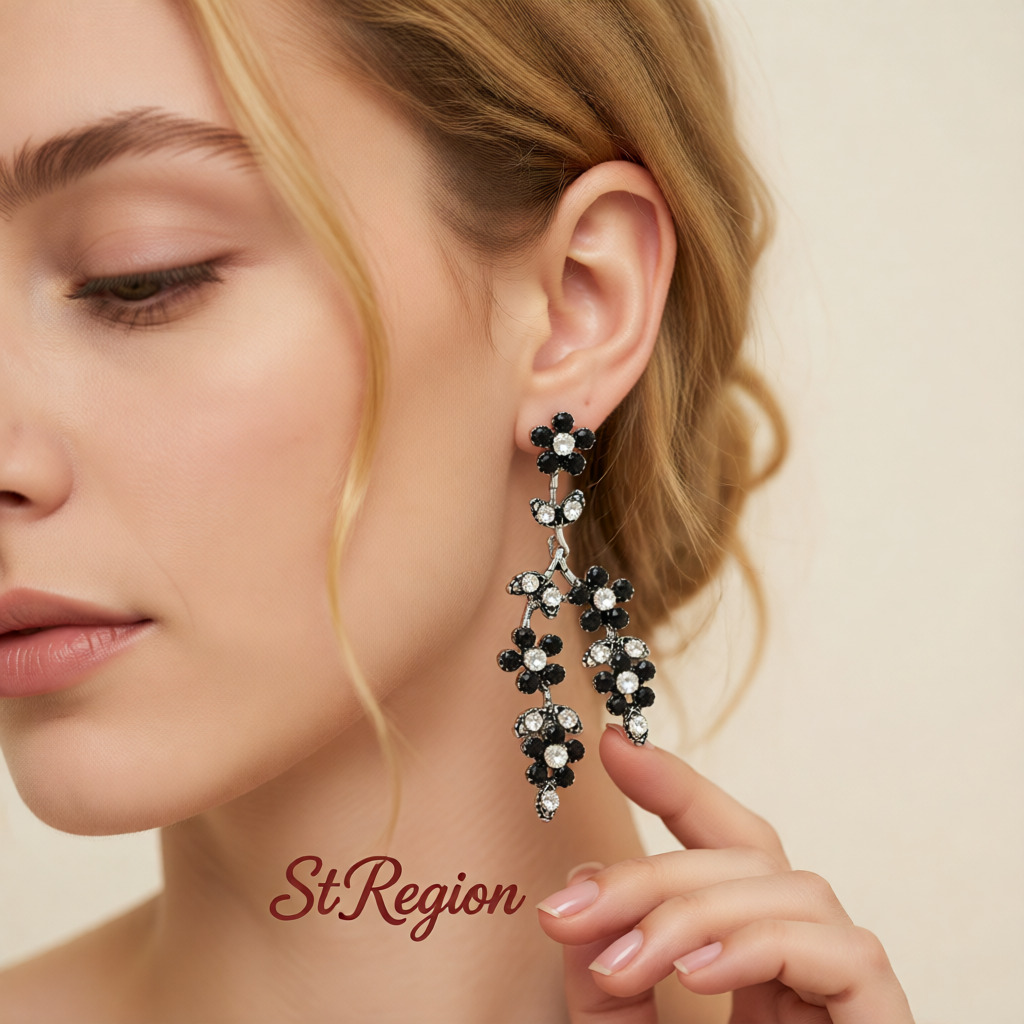 Black Cubic Zirconia & Silvertone Flower Branch Dangle Earrings