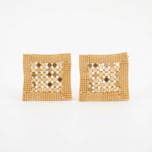 Goldtone Netted Sequins Rhombus Stud Earrings