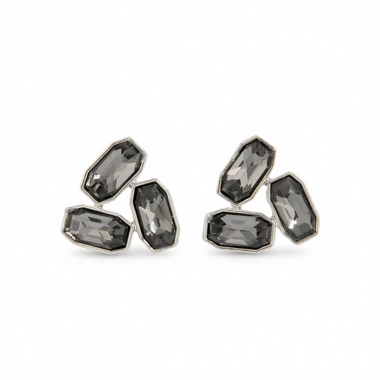 Gray Rectangle Tri-Crystal & Silvertone Stud Earrings