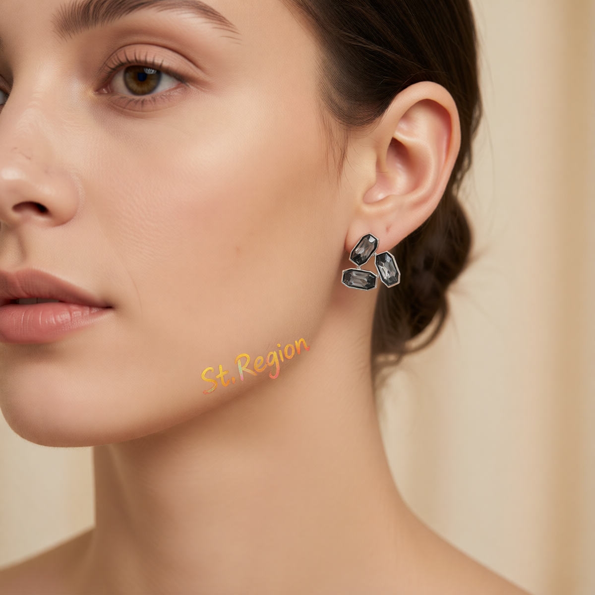 Gray Rectangle Tri-Crystal & Silvertone Stud Earrings