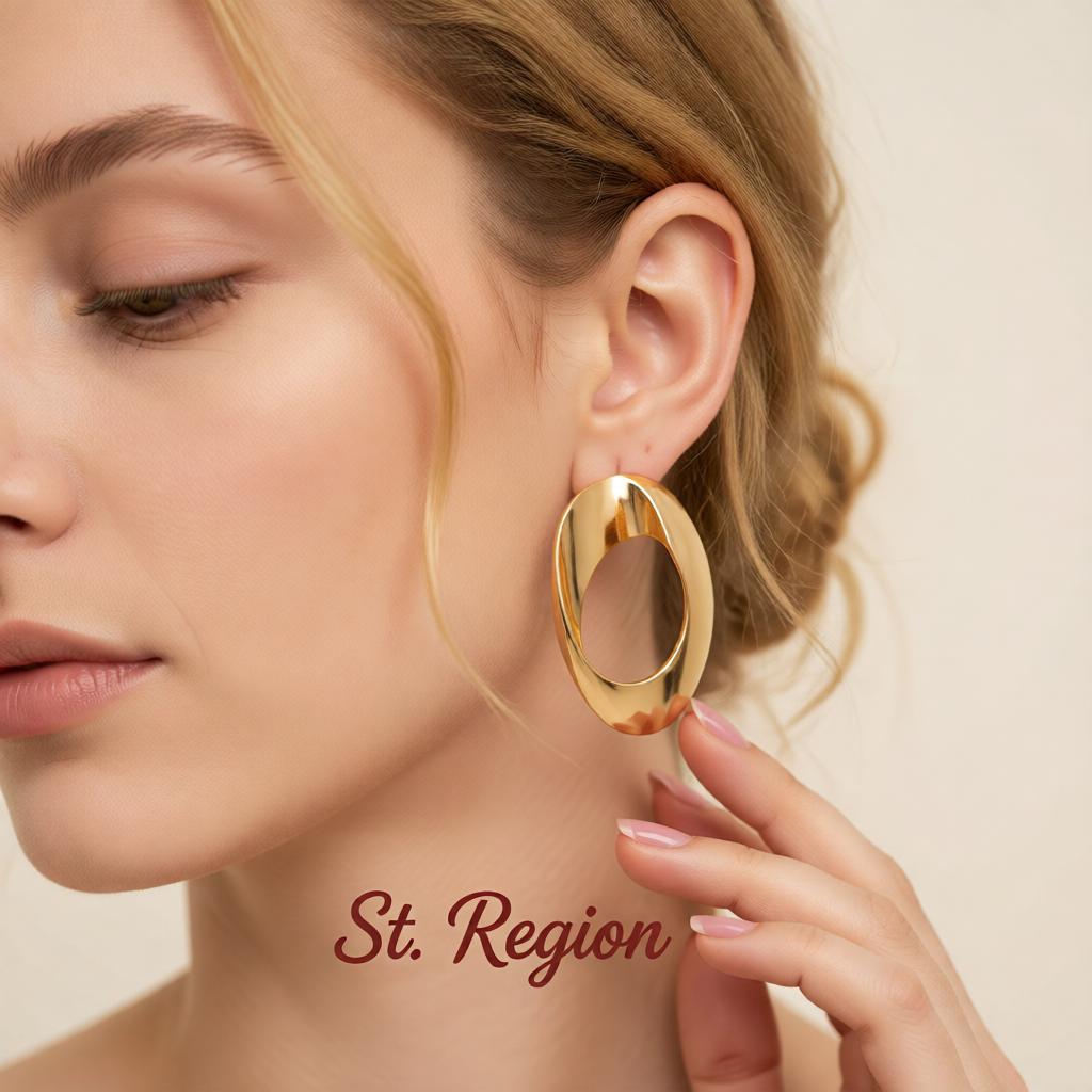 Goldtone Open Oval Statement Earrings, cubic zirconia stud earrings for women, botanical inspired, styled look
