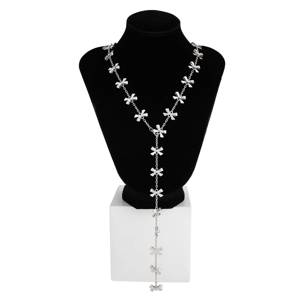 Silvertone Bow Station Lariat Necklace, botanical inspired, styled look