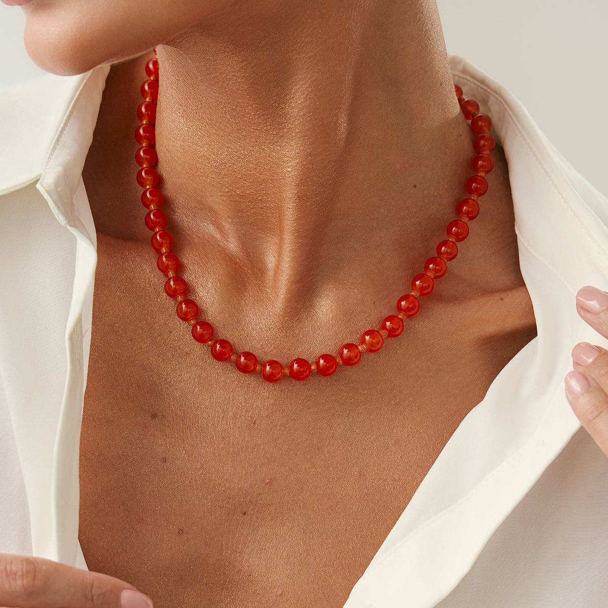 Red Jade and Silvertone Beaded Chain Collar Necklace, botanical inspired, styled look