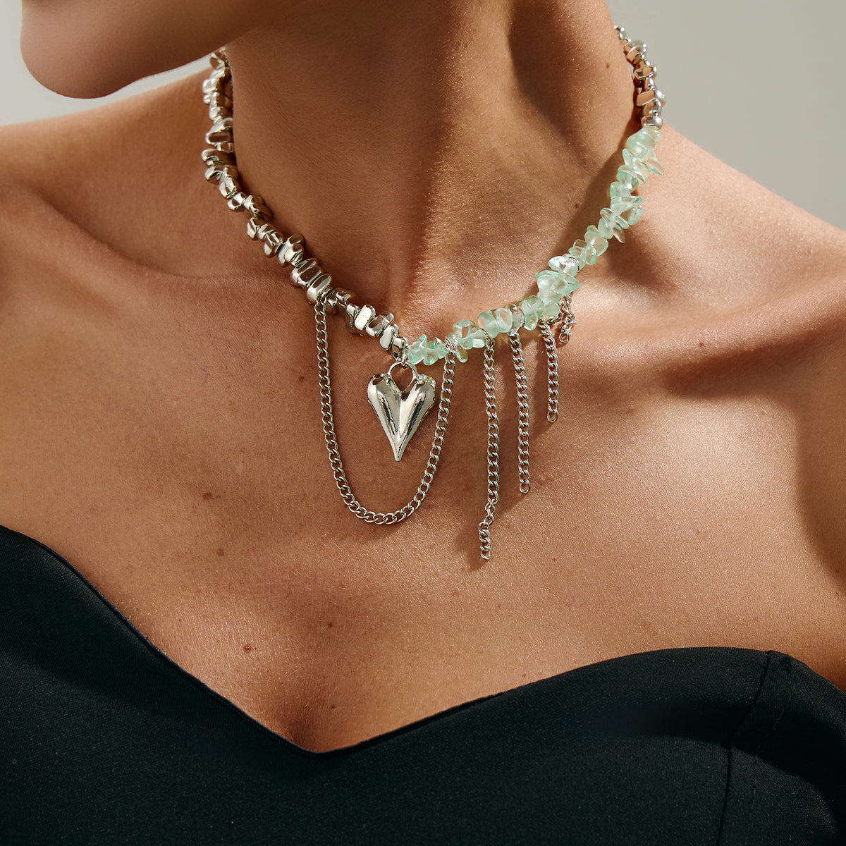 Light Green Acrylic and Silvertone Heart Pendant Tassel Necklace, botanical inspired, styled look