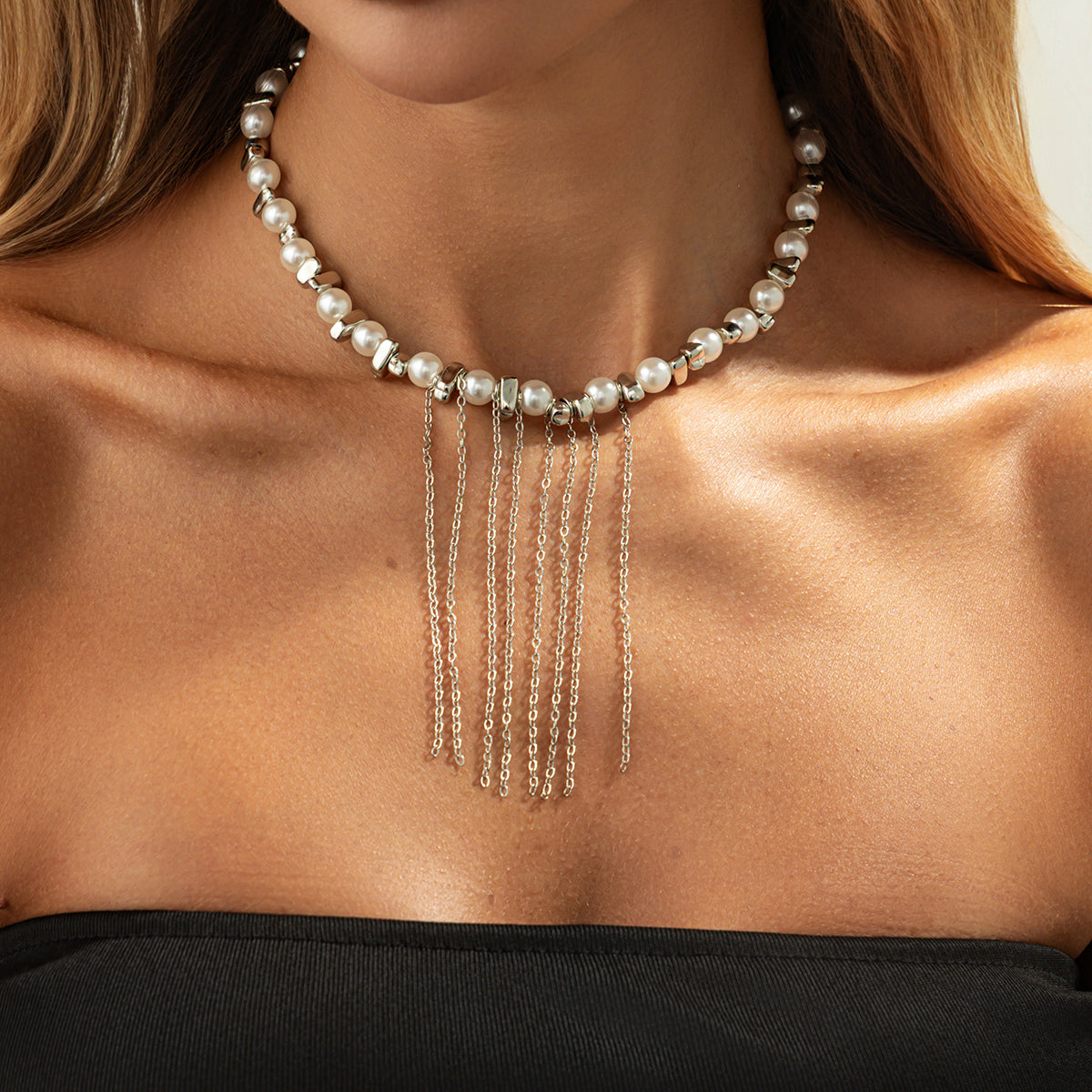 Pearl and Pearl Silvertone Irregular Bead Chain Tassel Necklace, vintage-inspired design, styled look