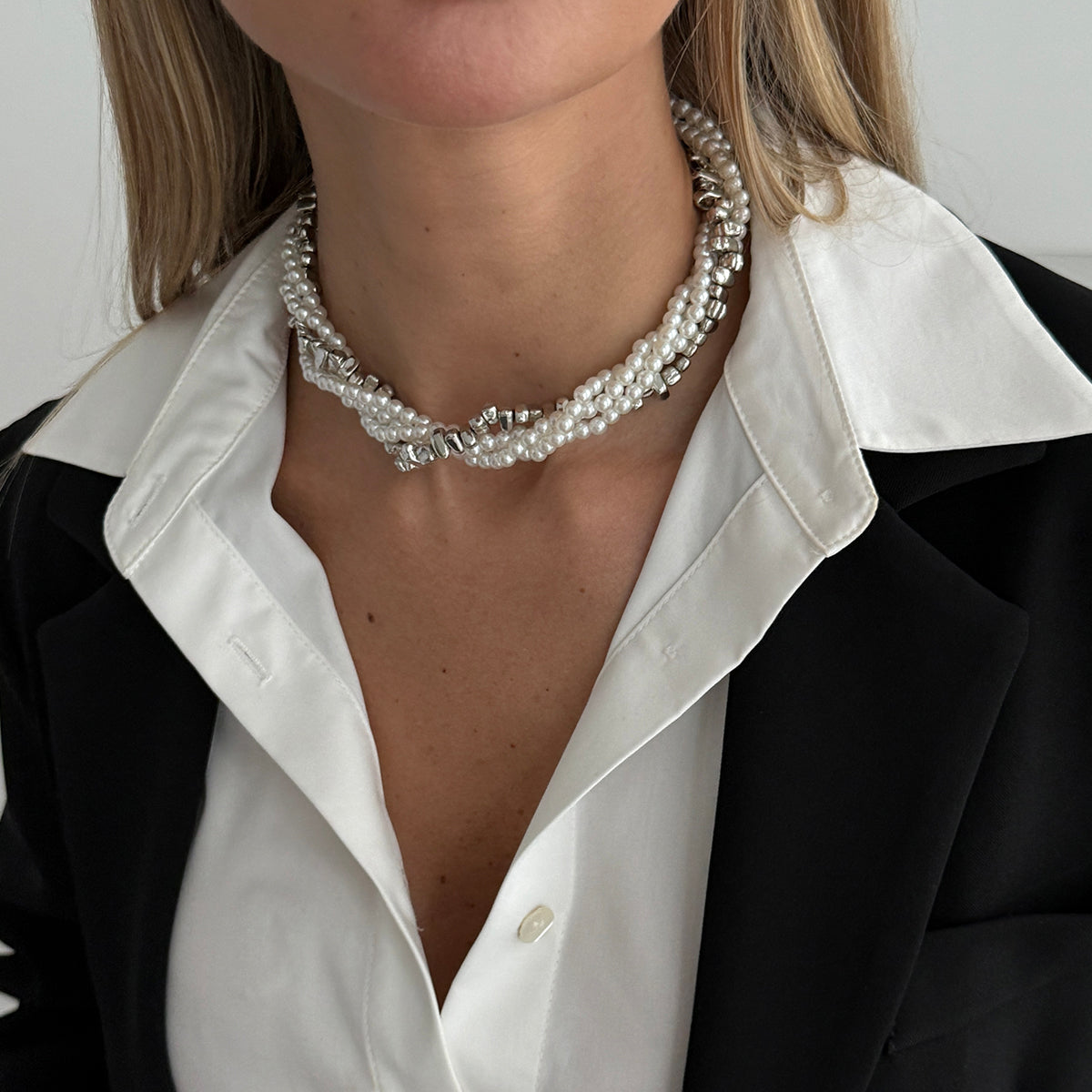 Pearl and Silvertone Irregular Beads Interlocked Layered Necklace, elegant gift for her, styled look