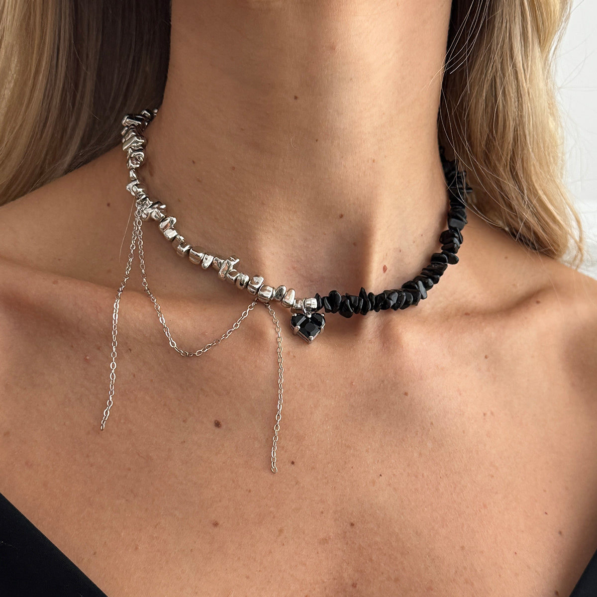 Black Acrylic and Crystal Silvertone Heart Tassel Patchwork Collar Necklace, vintage-inspired design, lifestyle look