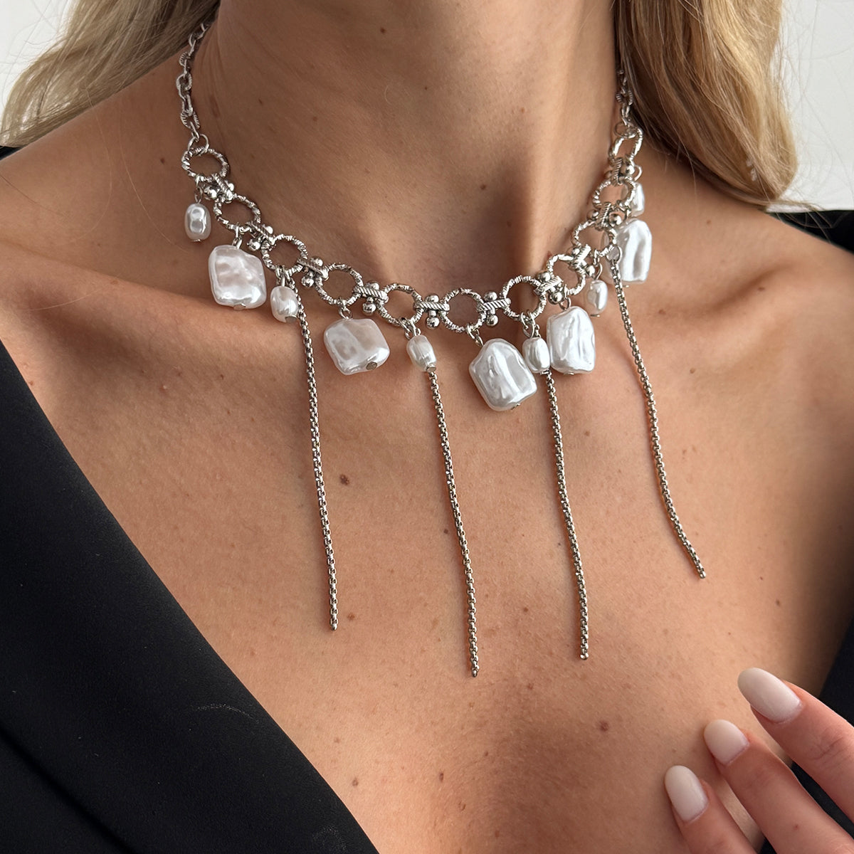 Baroque Pearl and Silvertone Circle Link Tassel Collar Necklace, botanical inspired, lifestyle look