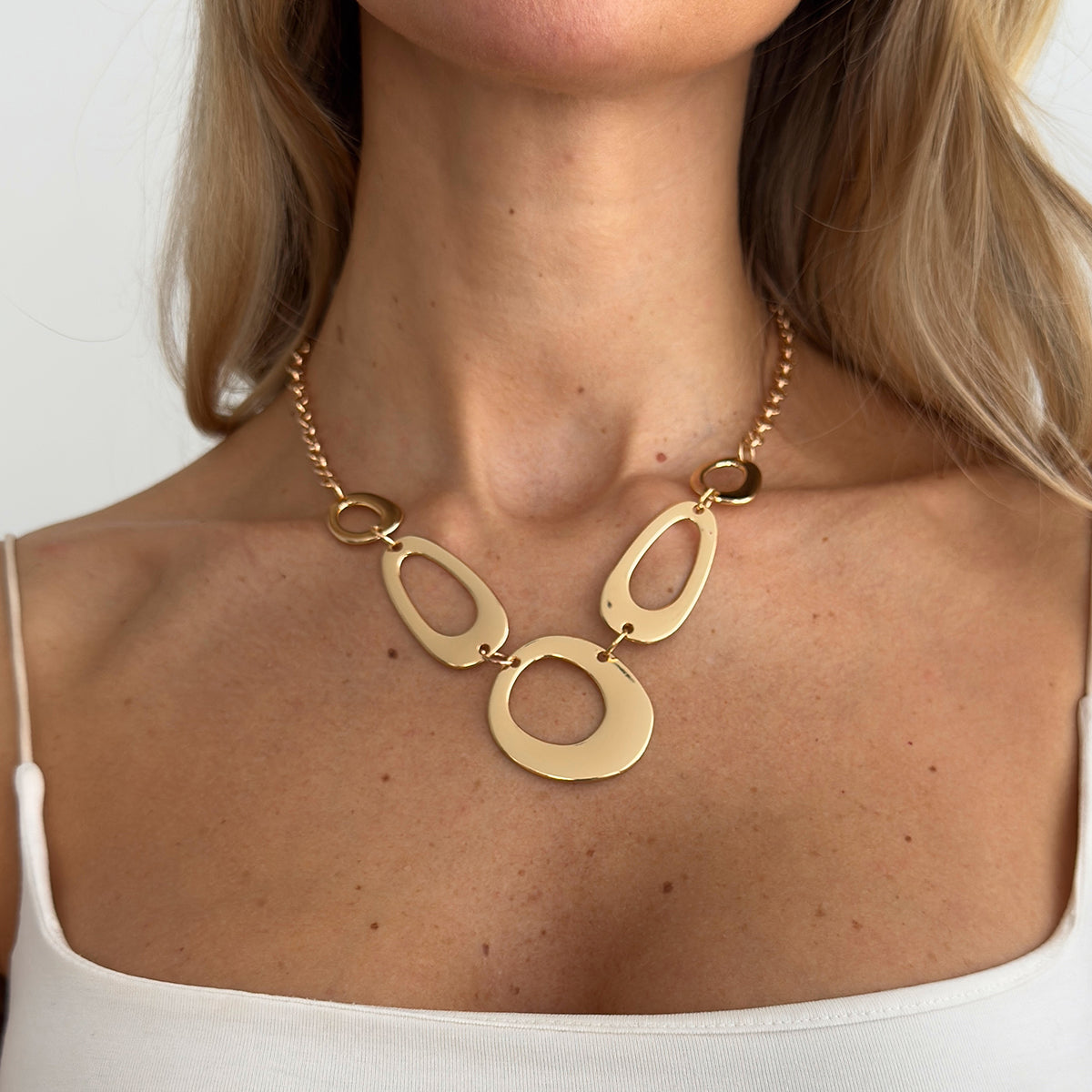 Goldtone Open Geometric Necklace, dainty minimalist design, lifestyle look