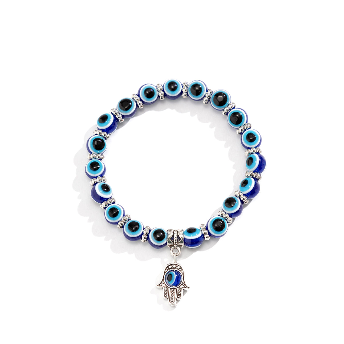 Navy Acrylic and Silver-Plated Evil Eye Hamsa Charm Bracelet, silver bracelet for women, elegant gift for her, styled look
