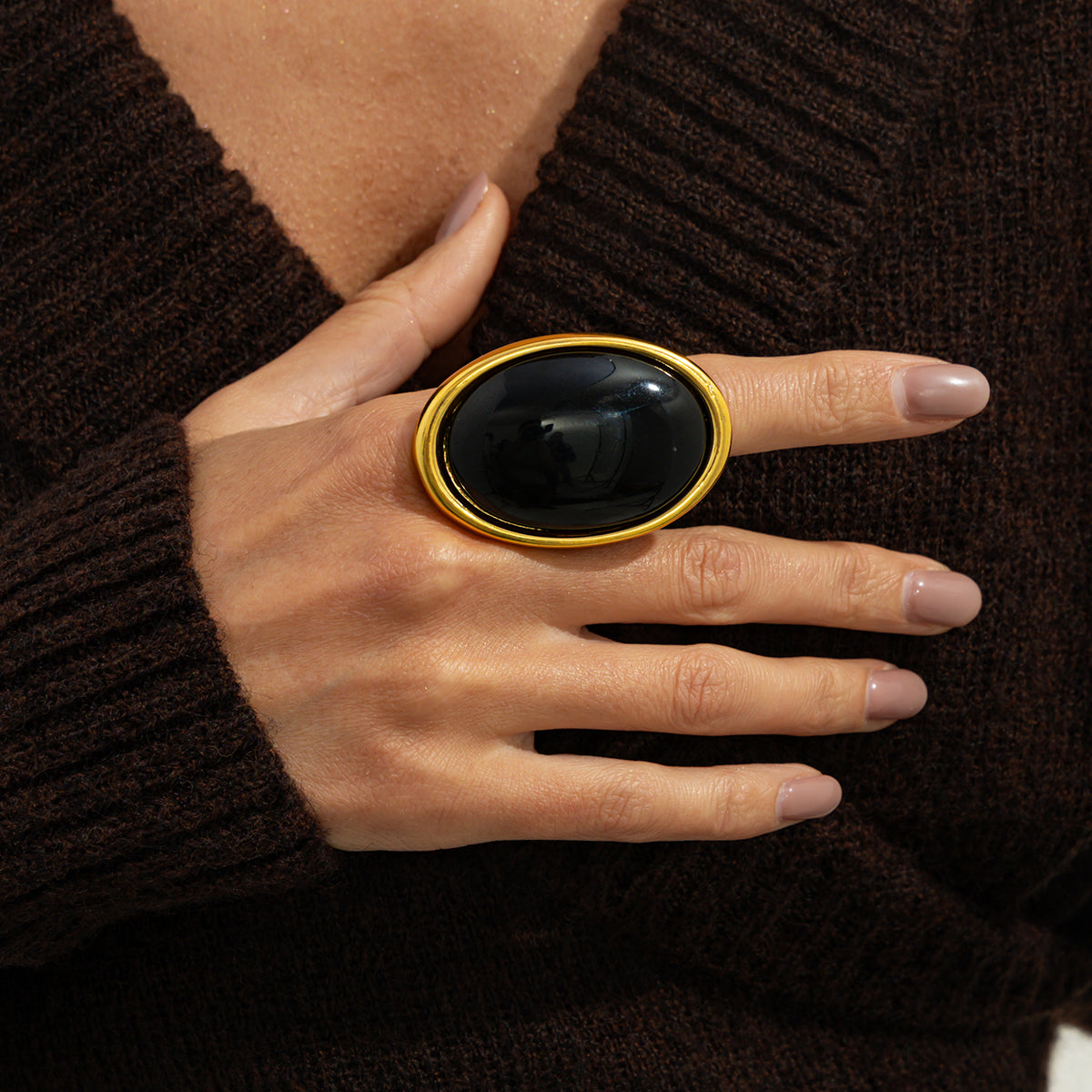 Black Resin and Goldtone Oval Statement Open Ring, everyday style, styled look