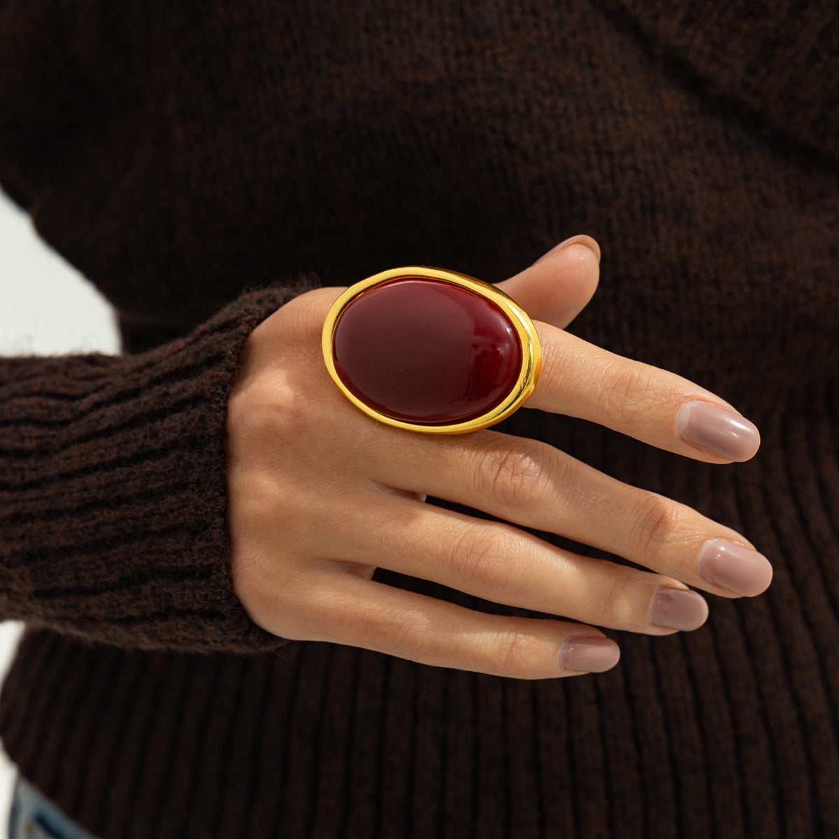 Red Resin and Goldtone Oval Statement Open Ring, vintage-inspired design, styled look