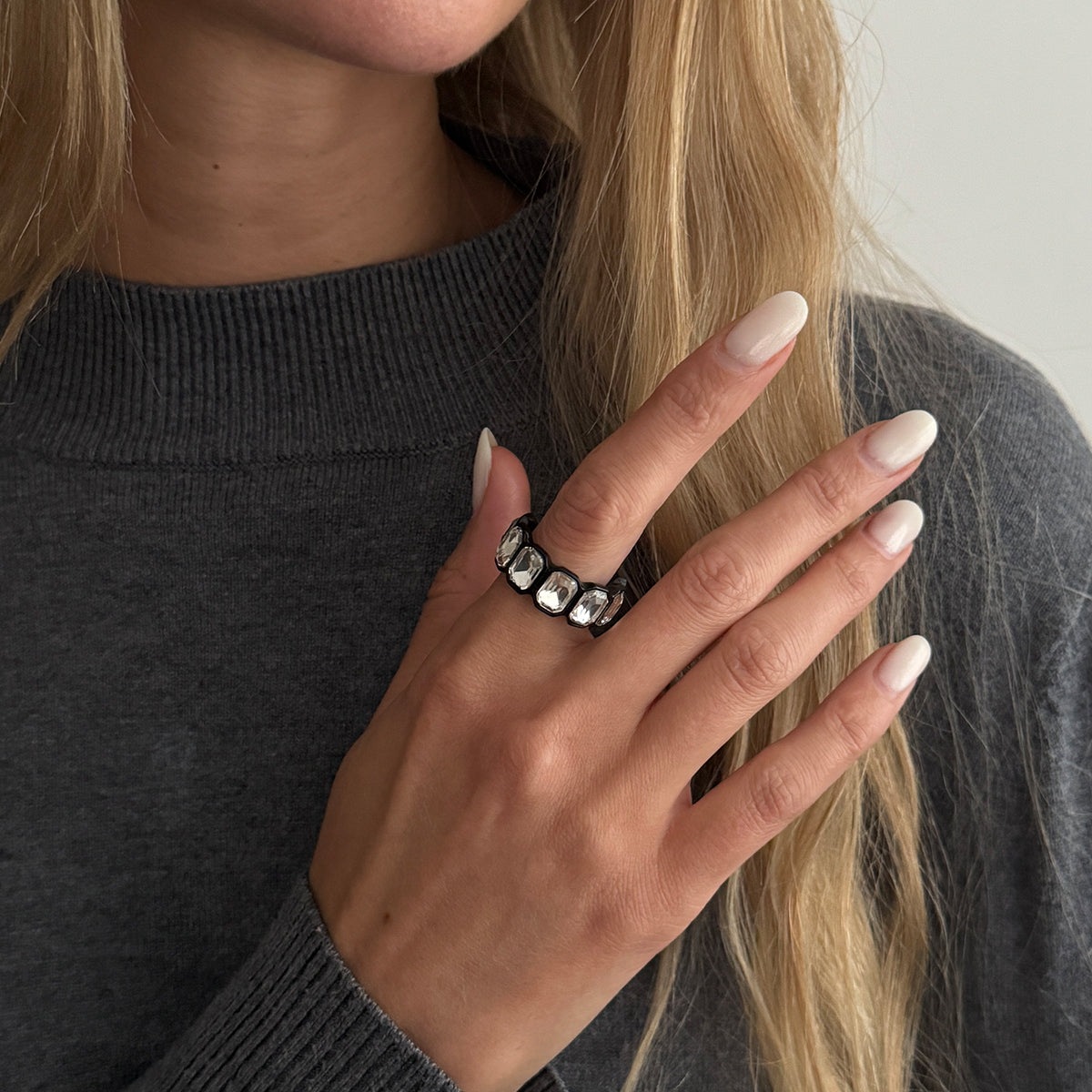 Crystal and Blacktone Rectangle Open Band Ring, dainty minimalist design, lifestyle look