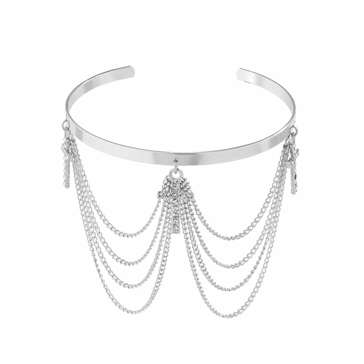 Cubic Zirconia and Silver-Plated Cross Chain Tassel Arm Cuff, vintage-inspired design, styled look