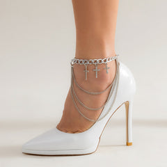 Cubic Zirconia & Silver-Plated Cross Charm Layered Anklet