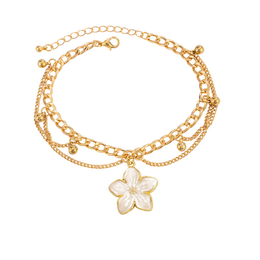 White Enamel & Goldtone Flower Charm Layered Anklet - Street Region