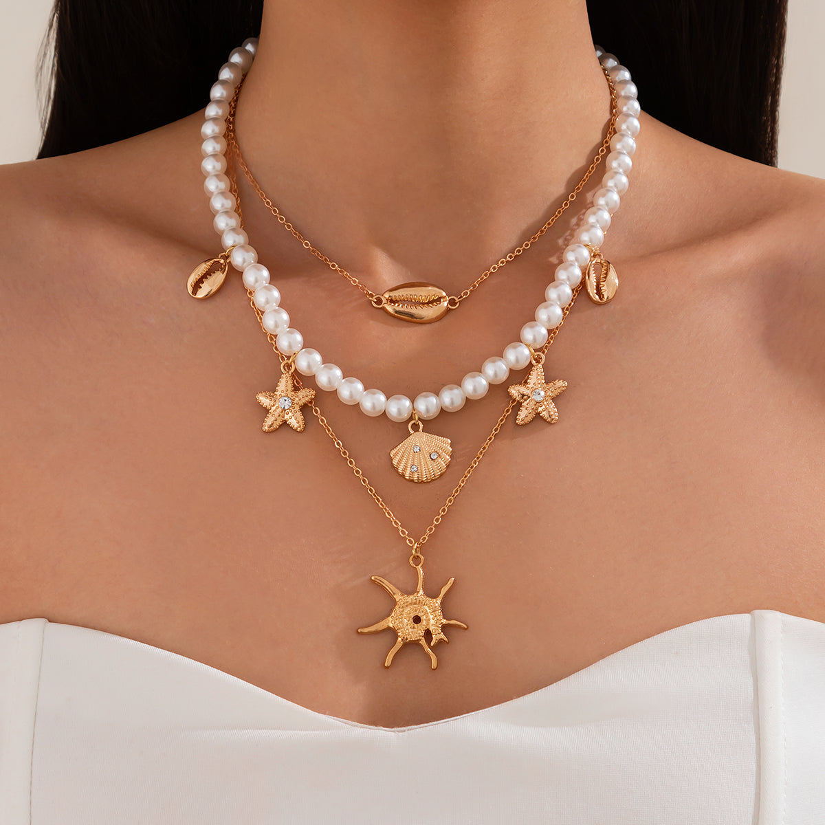 Pearl and Goldtone Sea Lives Pendant Necklace Set, gold pendant necklace for women, botanical inspired, lifestyle look