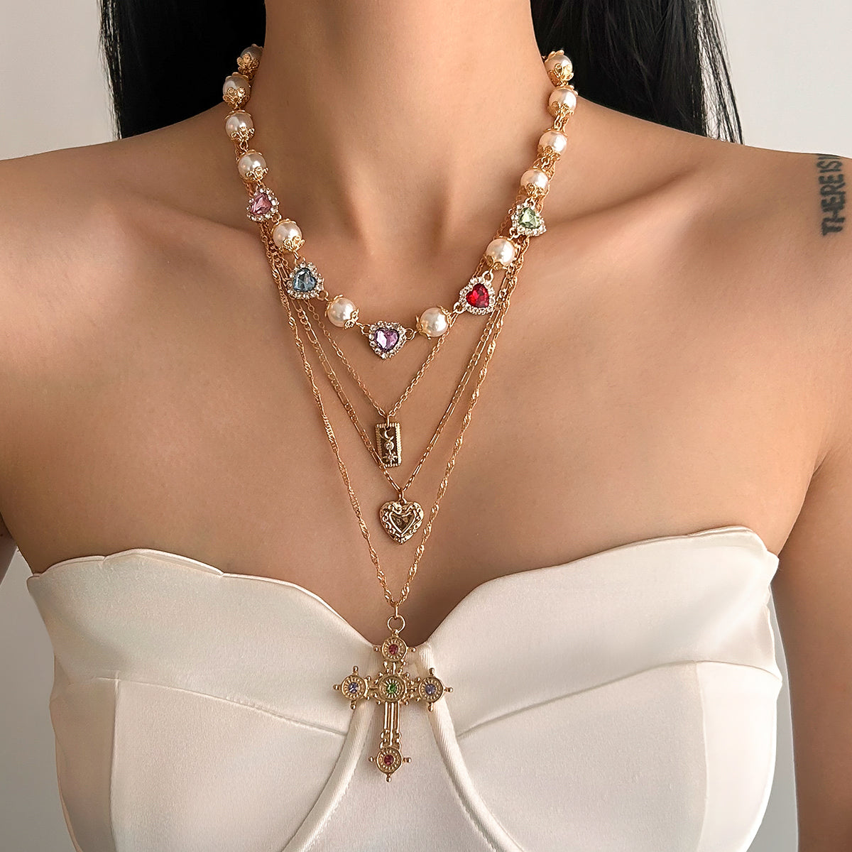 Multi-Colored Crystal and Cubic Zirconia Pearl Goldtone Heart Cross Pendant Necklace Set, gold pendant..., lifestyle look