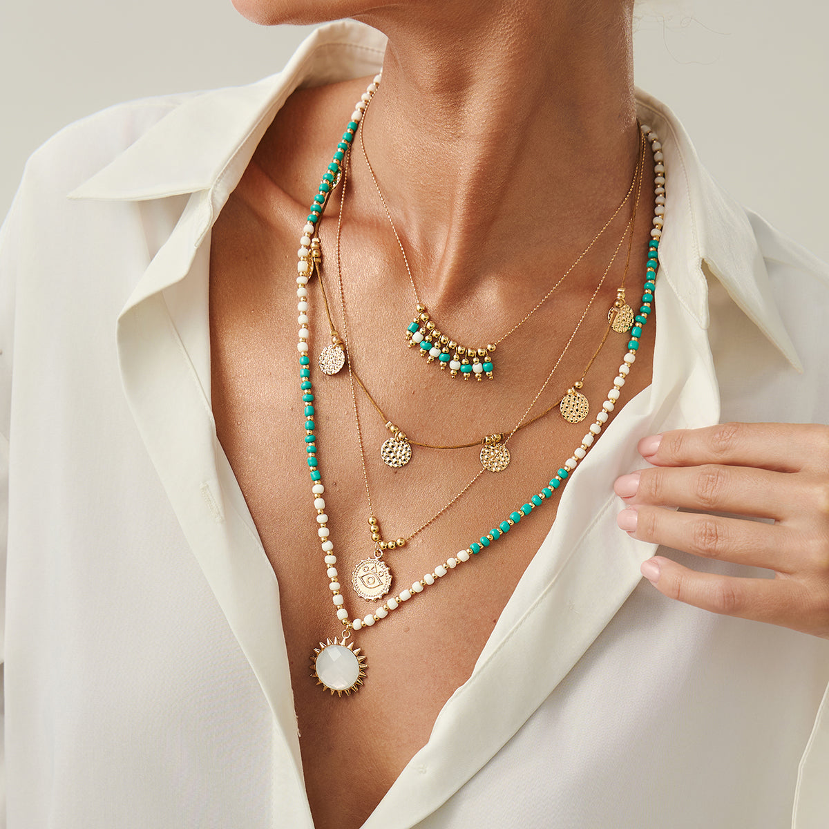 White Quartz and Howlite Polyster Goldtone Eye Sun Pendant Necklace Set, gold pendant necklace for women, styled look