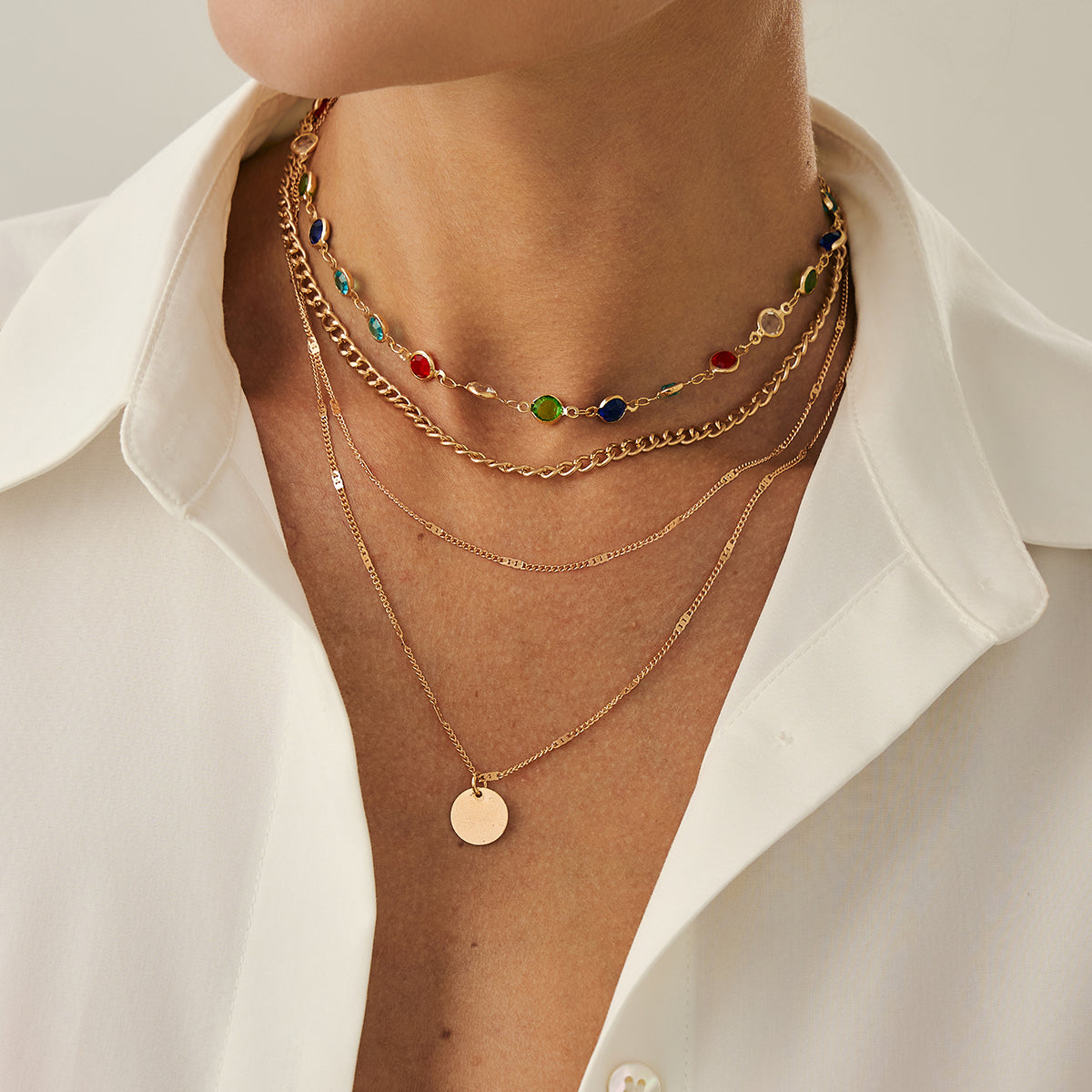 Multi-Colored Crystal and Goldtone Circular Pendant Layered Necklace Set, gold pendant necklace for women, styled look