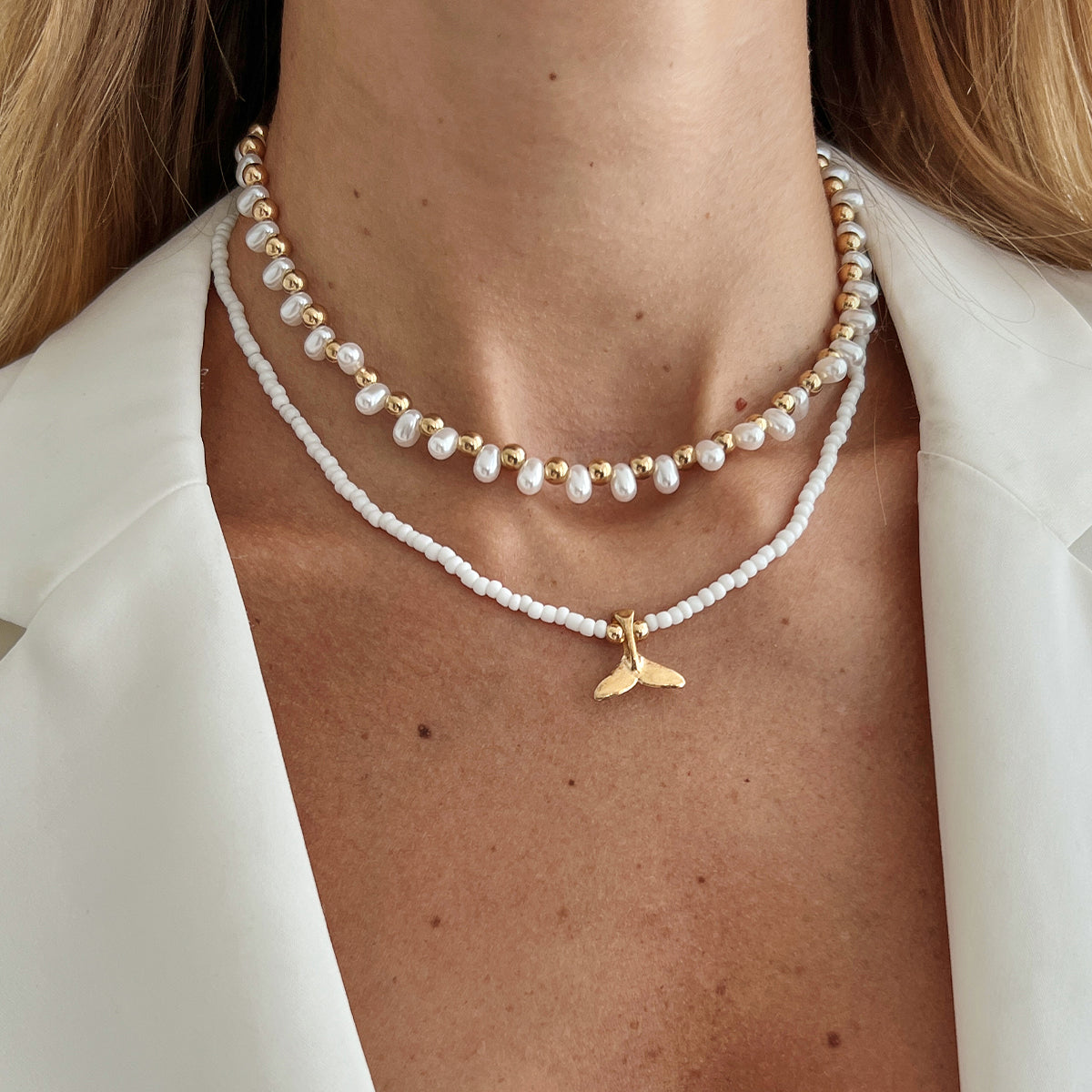 Pearl and Howlite Goldtone Fishtail Pendant Necklace Set, gold pendant necklace for women, elegant gift for her, styled look