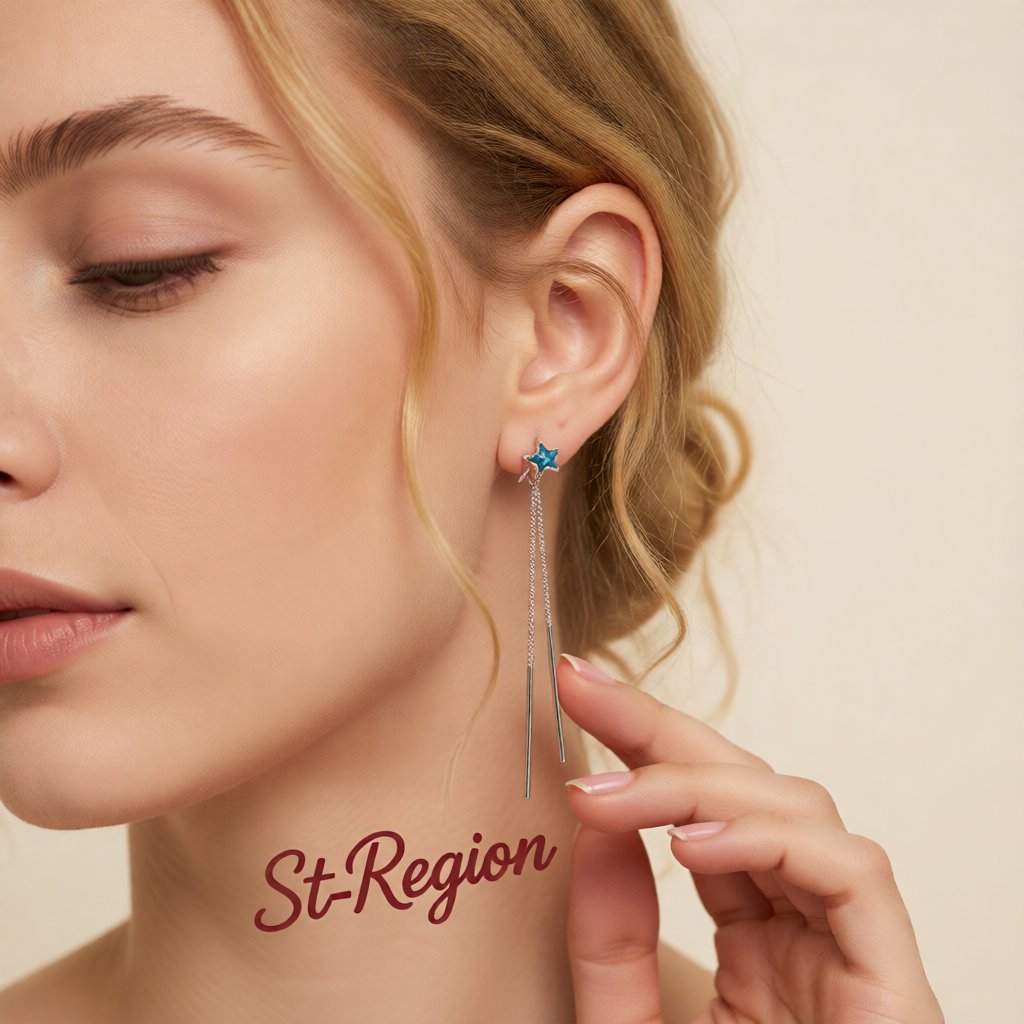 Blue Crystal and Silver-Plated Star and Tassel Drop Earrings, everyday style, styled look