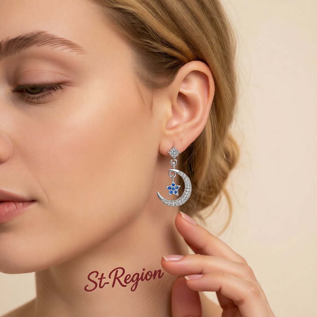 Cubic Zirconia & Silver-Plated Blue Star & Crescent Drop Earrings
