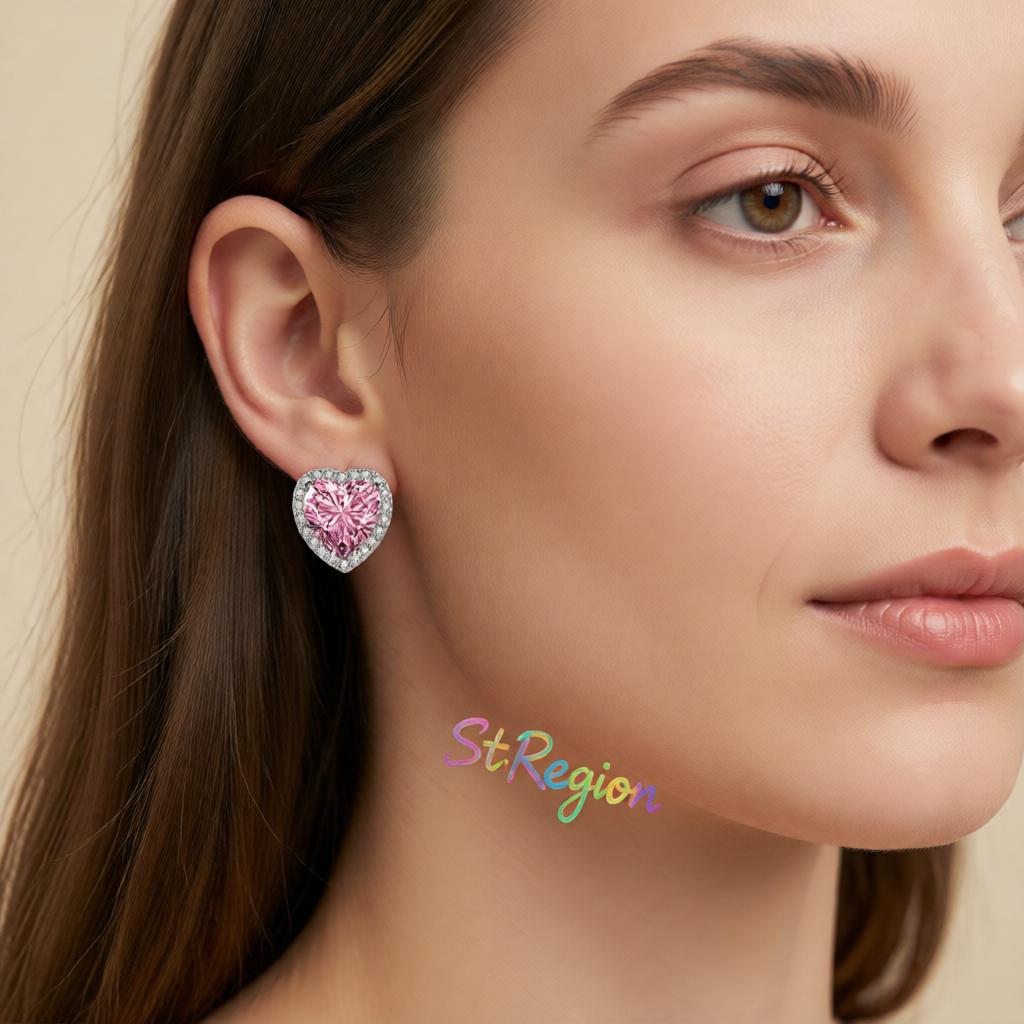 Pink Crystal and Cubic Zirconia Silvertone Halo Heart Stud Earrings, cubic zirconia stud earrings for women, styled look