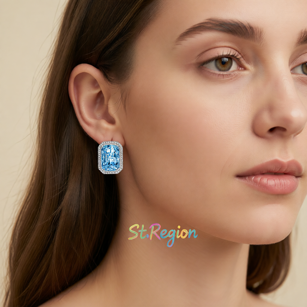 Blue Radiant Crystal & Cubic Zirconia Silvertone Halo Stud Earrings