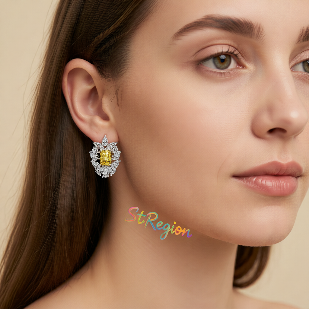 Yellow Crystal & Cubic Zirconia Cluster Stud Earrings