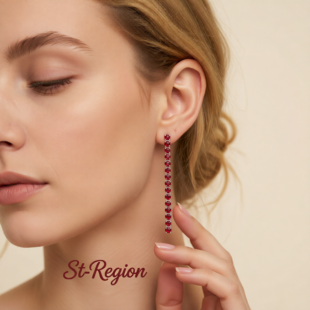 Red Cubic Zirconia & Silvertone Tassel Drop Earrings
