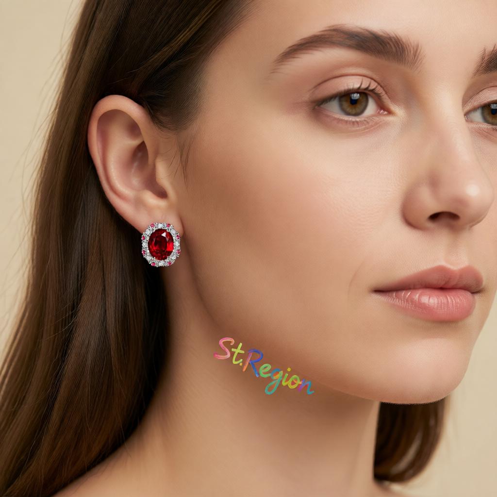 Cubic Zirconia and Red Crystal Oval Stud Earrings, cubic zirconia stud earrings for women, everyday style, styled look