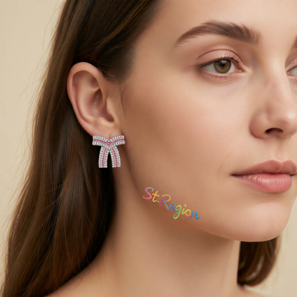 Pink Crystal & Cubic Zirconia Bow Stud Earrings