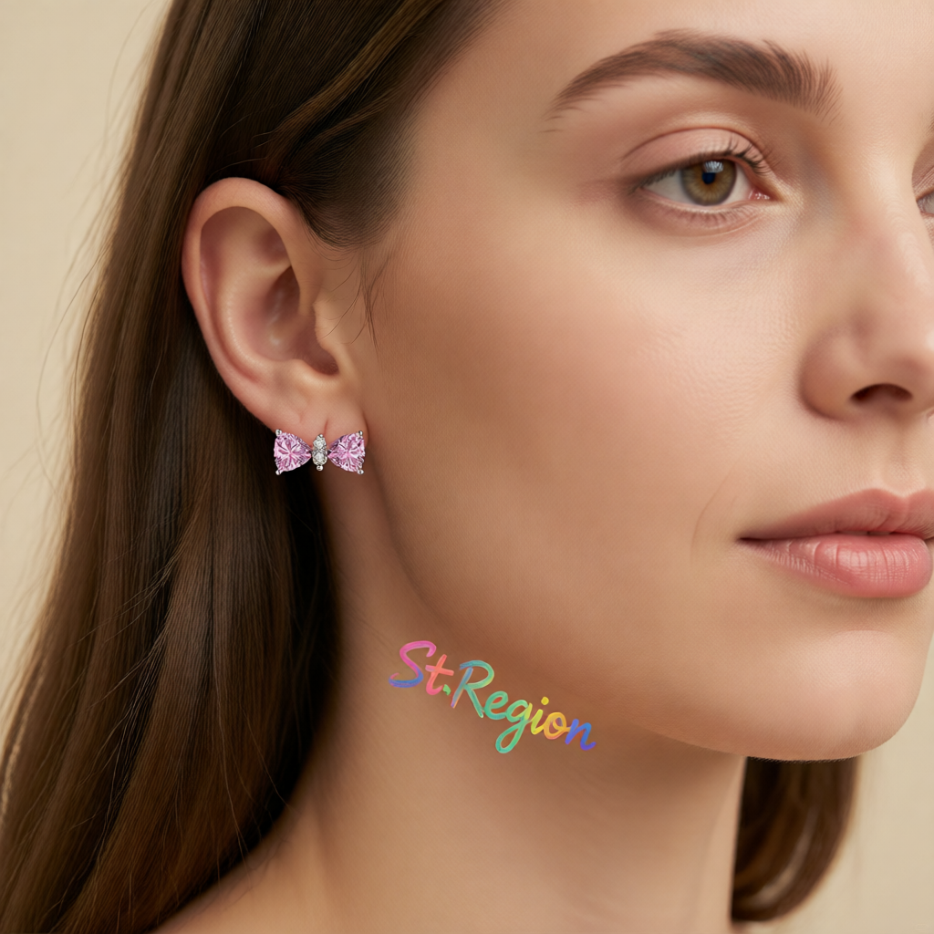 Cubic Zirconia & Pink Crystal Bow Stud Earrings