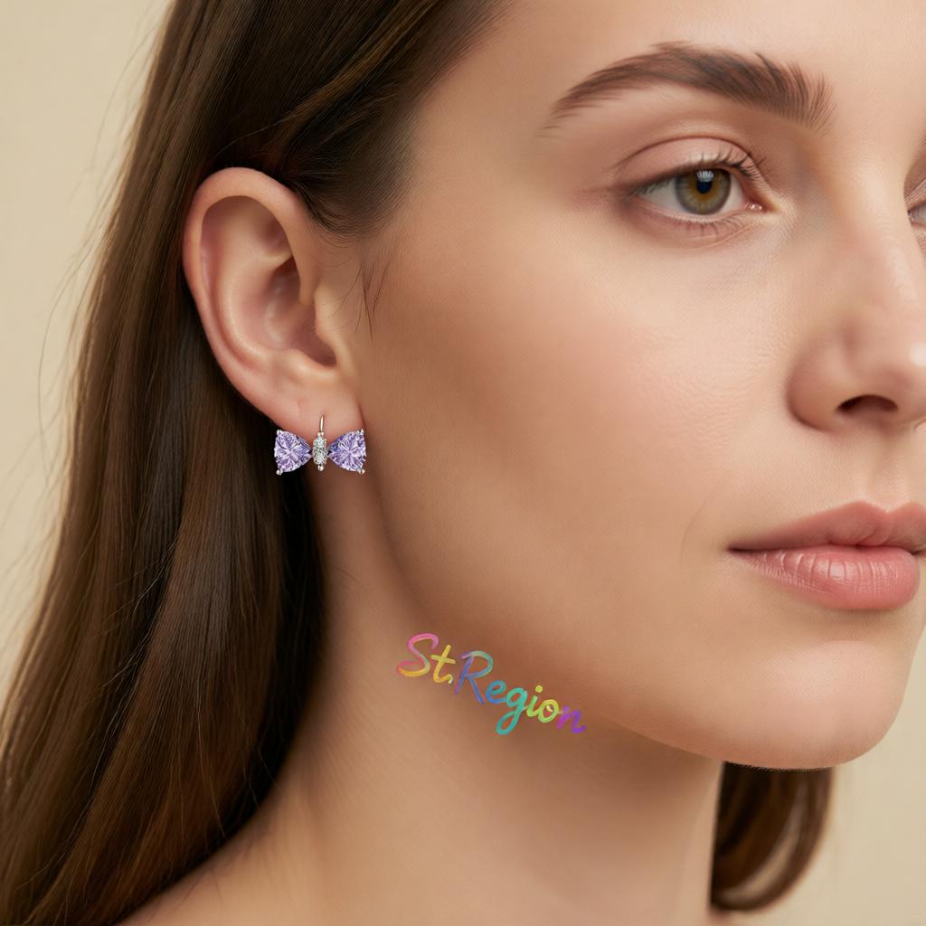 Cubic Zirconia and Purple Crystal Bow Stud Earrings, cubic zirconia stud earrings for women, botanical inspired, styled look